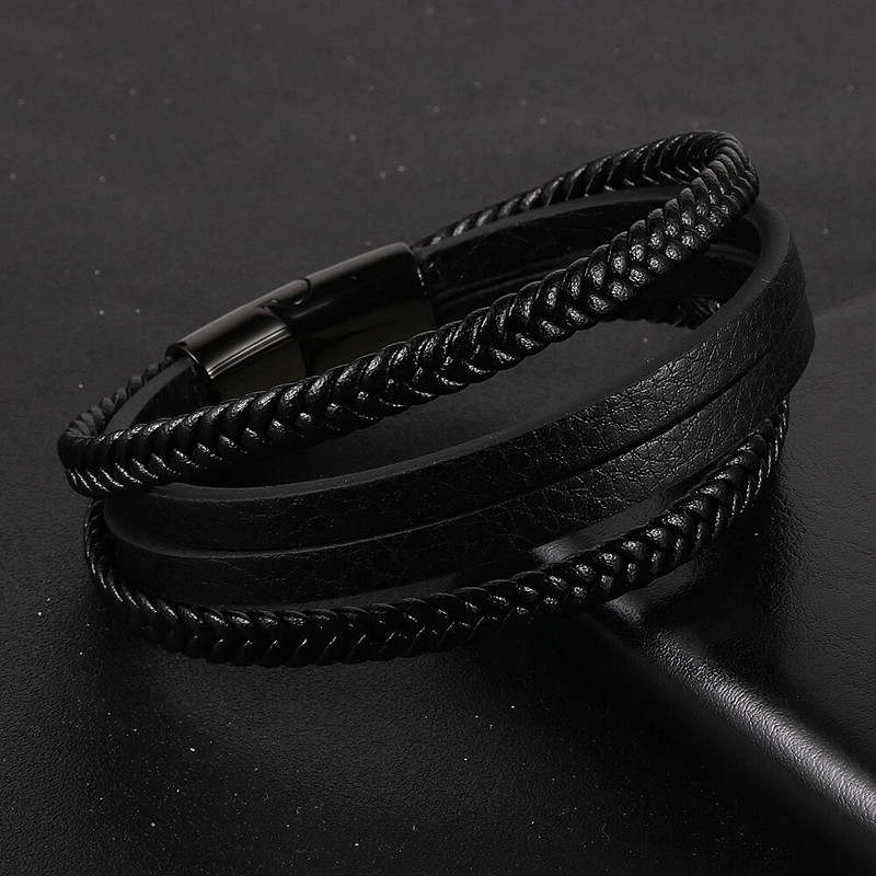 2022. gada karstā izpārdošana Daudzslāņu pītas īstas ādas rokassprādzes sievietēm vīriešiem nerūsējošā tērauda magnēta sprādze Brazalete Hombre vairumtirdzniecība