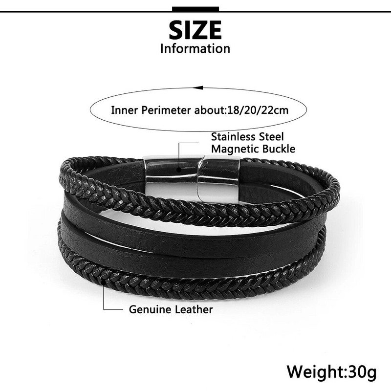 2022. gada karstā izpārdošana Daudzslāņu pītas īstas ādas rokassprādzes sievietēm vīriešiem nerūsējošā tērauda magnēta sprādze Brazalete Hombre vairumtirdzniecība