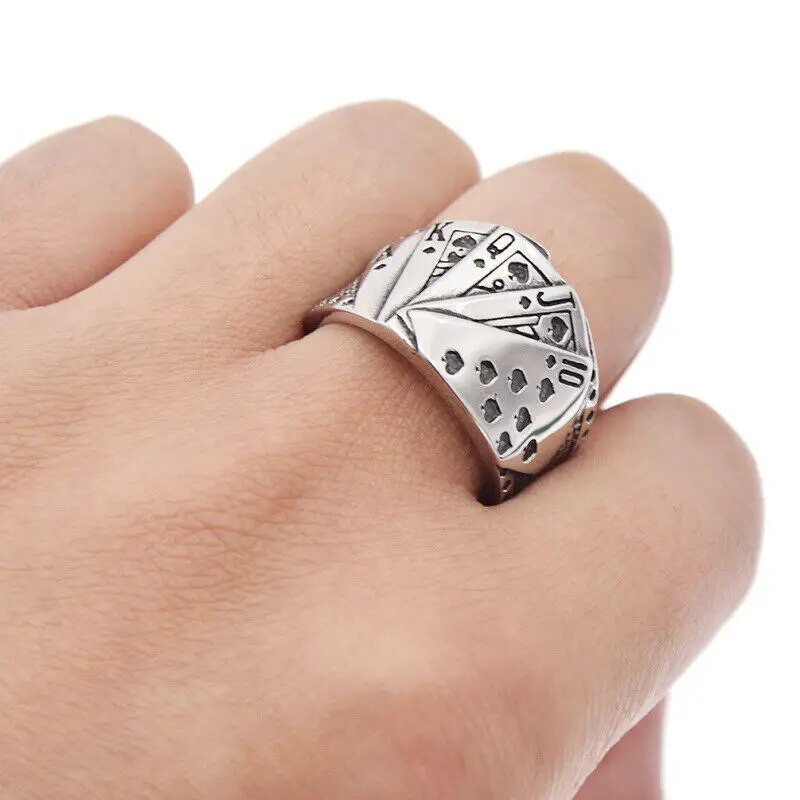 Férfi szerencsés pókergyűrűk divatos ász ásó, egyenes színű játék Kártyagyűrű Punk stílusú ajándék esküvői ékszer