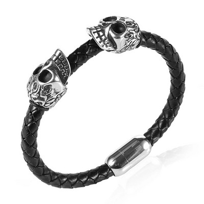 Divkārša nerūsējošā tērauda vintage galvaskausa šarmu rokassprādze, pīts īstas ādas magnētiskā sprādze, pankūka Pulseiras Masculina vīriešiem