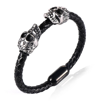 Divkārša nerūsējošā tērauda vintage galvaskausa šarmu rokassprādze, pīts īstas ādas magnētiskā sprādze, pankūka Pulseiras Masculina vīriešiem
