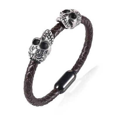 Divkārša nerūsējošā tērauda vintage galvaskausa šarmu rokassprādze, pīts īstas ādas magnētiskā sprādze, pankūka Pulseiras Masculina vīriešiem