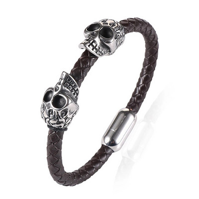 Divkārša nerūsējošā tērauda vintage galvaskausa šarmu rokassprādze, pīts īstas ādas magnētiskā sprādze, pankūka Pulseiras Masculina vīriešiem