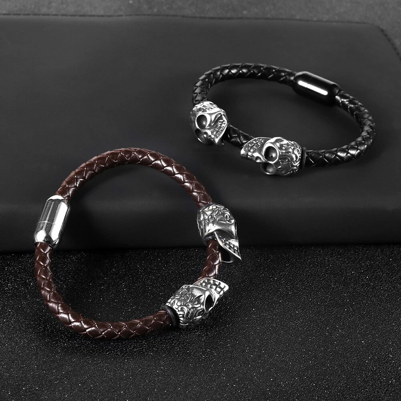 Divkārša nerūsējošā tērauda vintage galvaskausa šarmu rokassprādze, pīts īstas ādas magnētiskā sprādze, pankūka Pulseiras Masculina vīriešiem