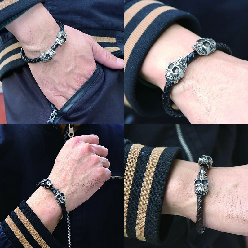 Divkārša nerūsējošā tērauda vintage galvaskausa šarmu rokassprādze, pīts īstas ādas magnētiskā sprādze, pankūka Pulseiras Masculina vīriešiem