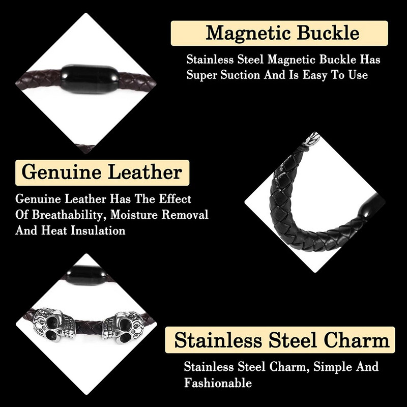 Divkārša nerūsējošā tērauda vintage galvaskausa šarmu rokassprādze, pīts īstas ādas magnētiskā sprādze, pankūka Pulseiras Masculina vīriešiem