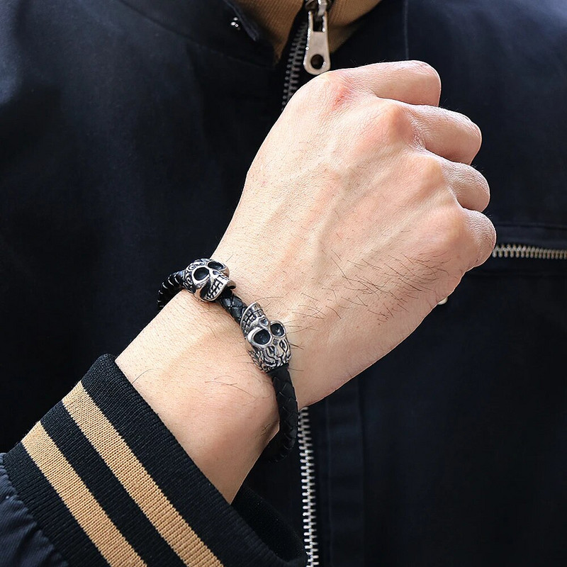 Divkārša nerūsējošā tērauda vintage galvaskausa šarmu rokassprādze, pīts īstas ādas magnētiskā sprādze, pankūka Pulseiras Masculina vīriešiem