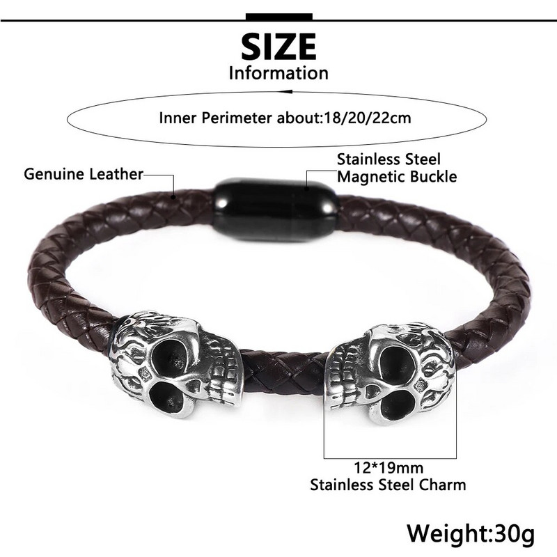 Divkārša nerūsējošā tērauda vintage galvaskausa šarmu rokassprādze, pīts īstas ādas magnētiskā sprādze, pankūka Pulseiras Masculina vīriešiem