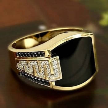Класически мъжки пръстен Моден метален златен цвят Инкрустиран черен камък Циркон Пънк пръстени за мъже Годежни сватбени луксозни бижута
