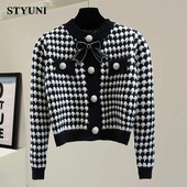 Melnbalts punktveida vienrindas O veida kakla akrila trikotāžas sieviešu džemperis ar garām piedurknēm korejiešu modes šiks jaciņš rudens