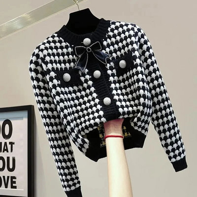 Melnbalts punktveida vienrindas O veida kakla akrila trikotāžas sieviešu džemperis ar garām piedurknēm korejiešu modes šiks jaciņš rudens