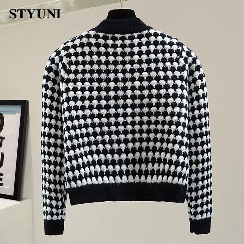 Melnbalts punktveida vienrindas O veida kakla akrila trikotāžas sieviešu džemperis ar garām piedurknēm korejiešu modes šiks jaciņš rudens