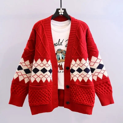 Dimanta rūtains vintage ar garām piedurknēm akrila trikotāžas vienrindas brīvs sieviešu džemperis korejiešu modes jaciņa rudens ziema