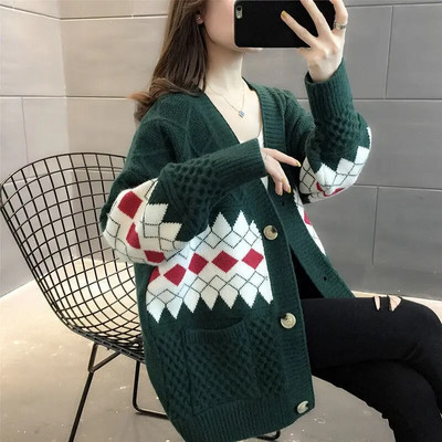 Dimanta rūtains vintage ar garām piedurknēm akrila trikotāžas vienrindas brīvs sieviešu džemperis korejiešu modes jaciņa rudens ziema