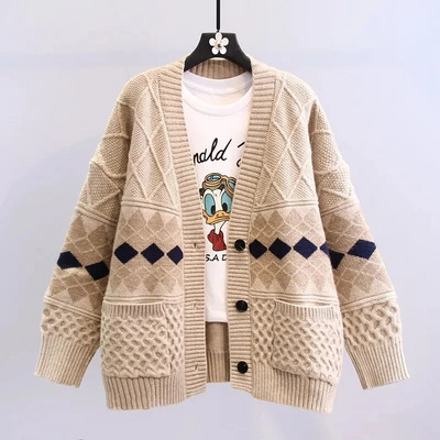 Dimanta rūtains vintage ar garām piedurknēm akrila trikotāžas vienrindas brīvs sieviešu džemperis korejiešu modes jaciņa rudens ziema