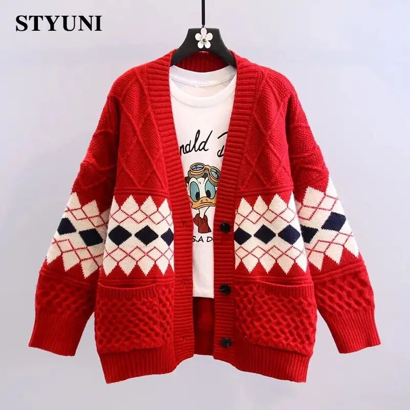 Dimanta rūtains vintage ar garām piedurknēm akrila trikotāžas vienrindas brīvs sieviešu džemperis korejiešu modes jaciņa rudens ziema