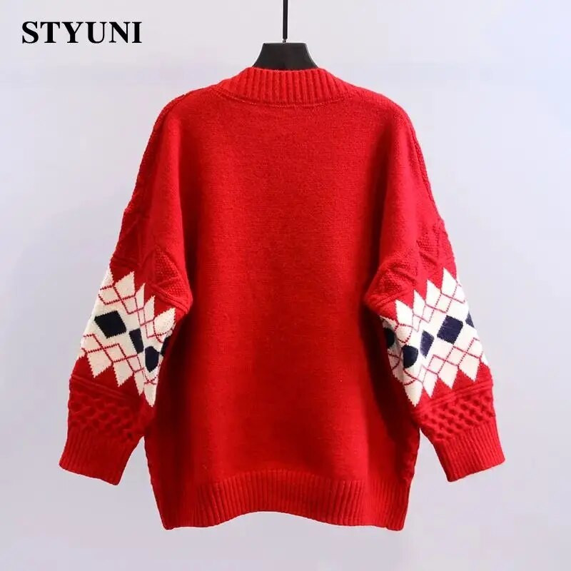 Dimanta rūtains vintage ar garām piedurknēm akrila trikotāžas vienrindas brīvs sieviešu džemperis korejiešu modes jaciņa rudens ziema