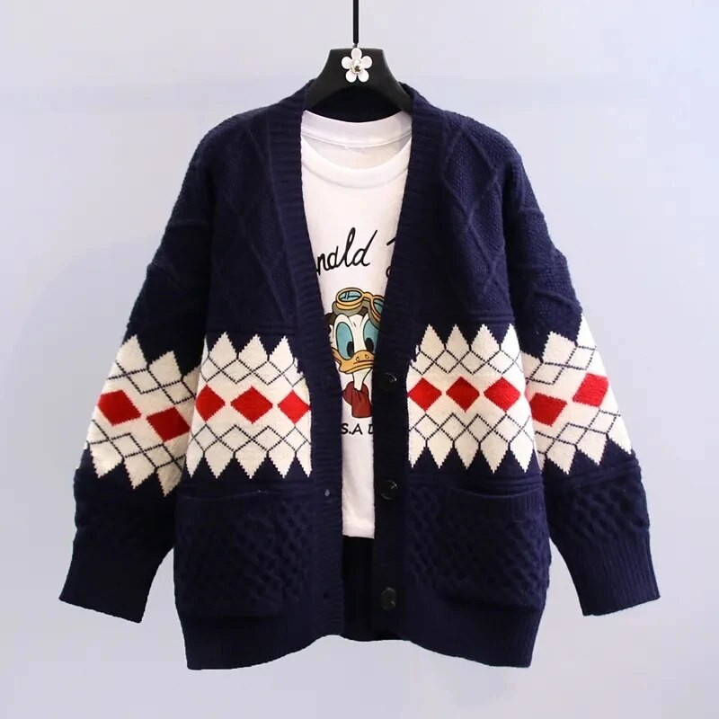 Dimanta rūtains vintage ar garām piedurknēm akrila trikotāžas vienrindas brīvs sieviešu džemperis korejiešu modes jaciņa rudens ziema