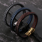 Eladó férfi fekete valódi bőr kék piros drótfonott karkötő rozsdamentes acél csatos karkötők egyszerű divat ékszerek