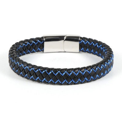 Eladó férfi fekete valódi bőr kék piros drótfonott karkötő rozsdamentes acél csatos karkötők egyszerű divat ékszerek