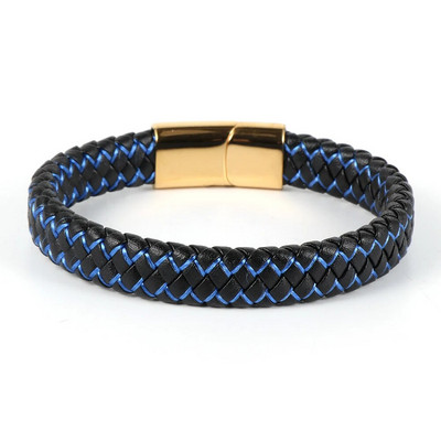 Eladó férfi fekete valódi bőr kék piros drótfonott karkötő rozsdamentes acél csatos karkötők egyszerű divat ékszerek