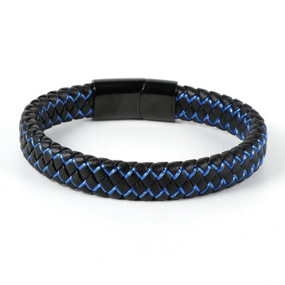 Eladó férfi fekete valódi bőr kék piros drótfonott karkötő rozsdamentes acél csatos karkötők egyszerű divat ékszerek