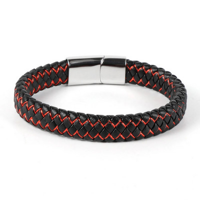Eladó férfi fekete valódi bőr kék piros drótfonott karkötő rozsdamentes acél csatos karkötők egyszerű divat ékszerek