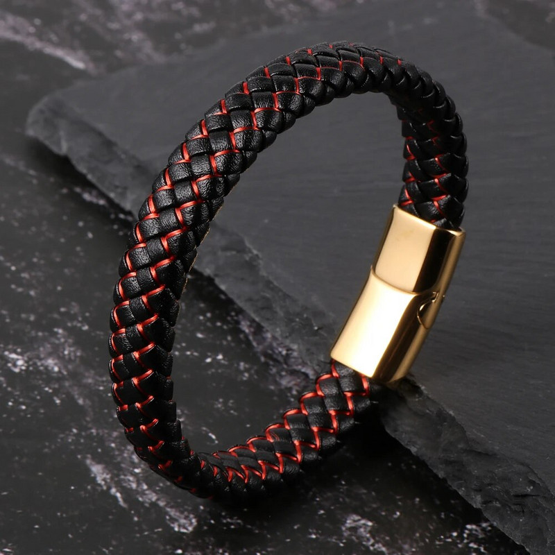 Eladó férfi fekete valódi bőr kék piros drótfonott karkötő rozsdamentes acél csatos karkötők egyszerű divat ékszerek