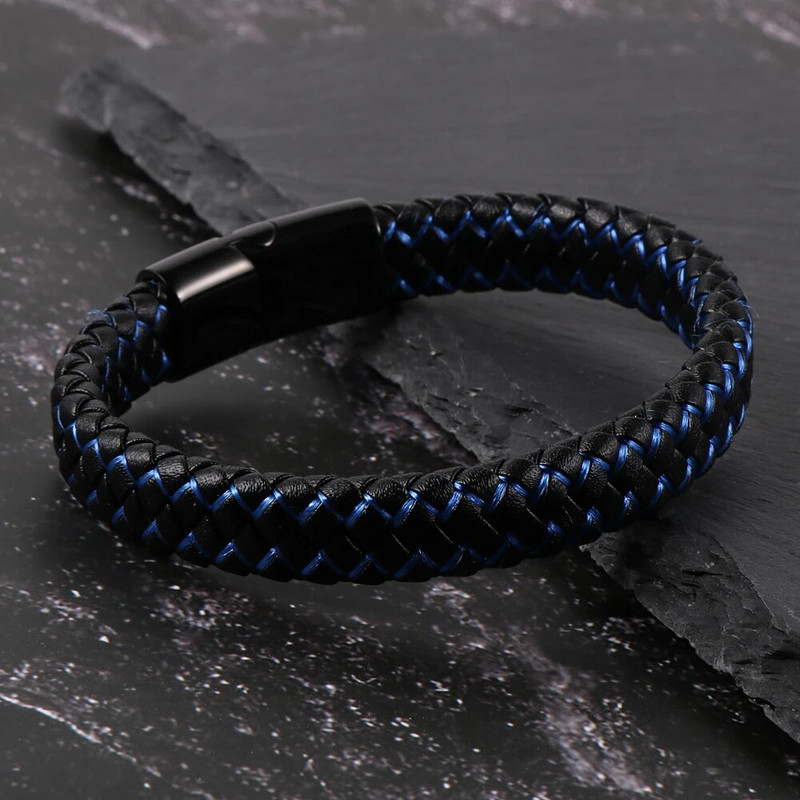Eladó férfi fekete valódi bőr kék piros drótfonott karkötő rozsdamentes acél csatos karkötők egyszerű divat ékszerek