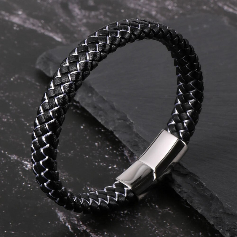 Eladó férfi fekete valódi bőr kék piros drótfonott karkötő rozsdamentes acél csatos karkötők egyszerű divat ékszerek