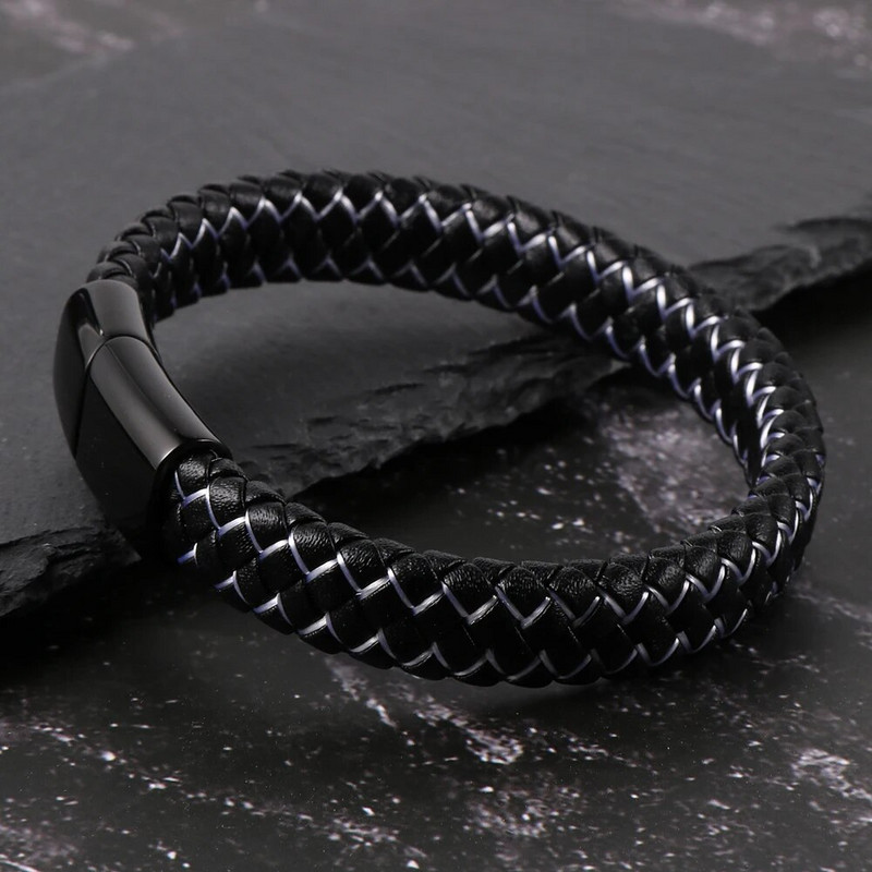 Eladó férfi fekete valódi bőr kék piros drótfonott karkötő rozsdamentes acél csatos karkötők egyszerű divat ékszerek