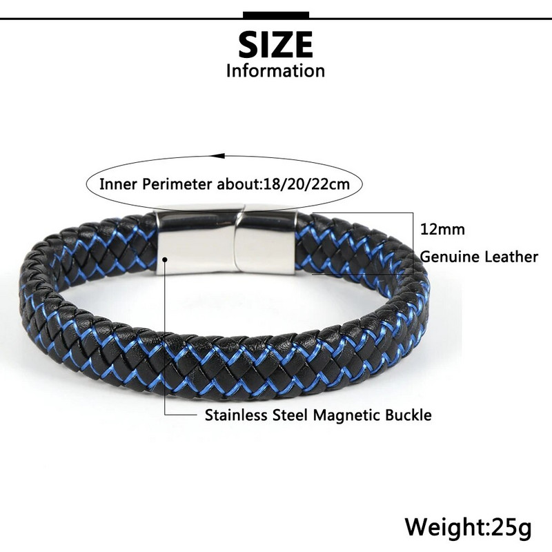 Eladó férfi fekete valódi bőr kék piros drótfonott karkötő rozsdamentes acél csatos karkötők egyszerű divat ékszerek