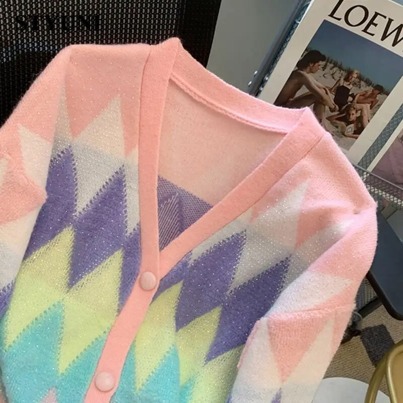 Dimanta rūtains vintage garās piedurknes ar V veida kakla izgriezumu, brīvs akrila trikotāžas sieviešu džemperis korejiešu modes vienrindas jaciņa ziemai