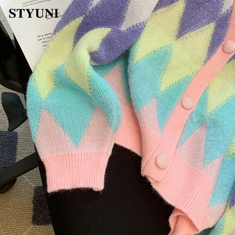 Dimanta rūtains vintage garās piedurknes ar V veida kakla izgriezumu, brīvs akrila trikotāžas sieviešu džemperis korejiešu modes vienrindas jaciņa ziemai