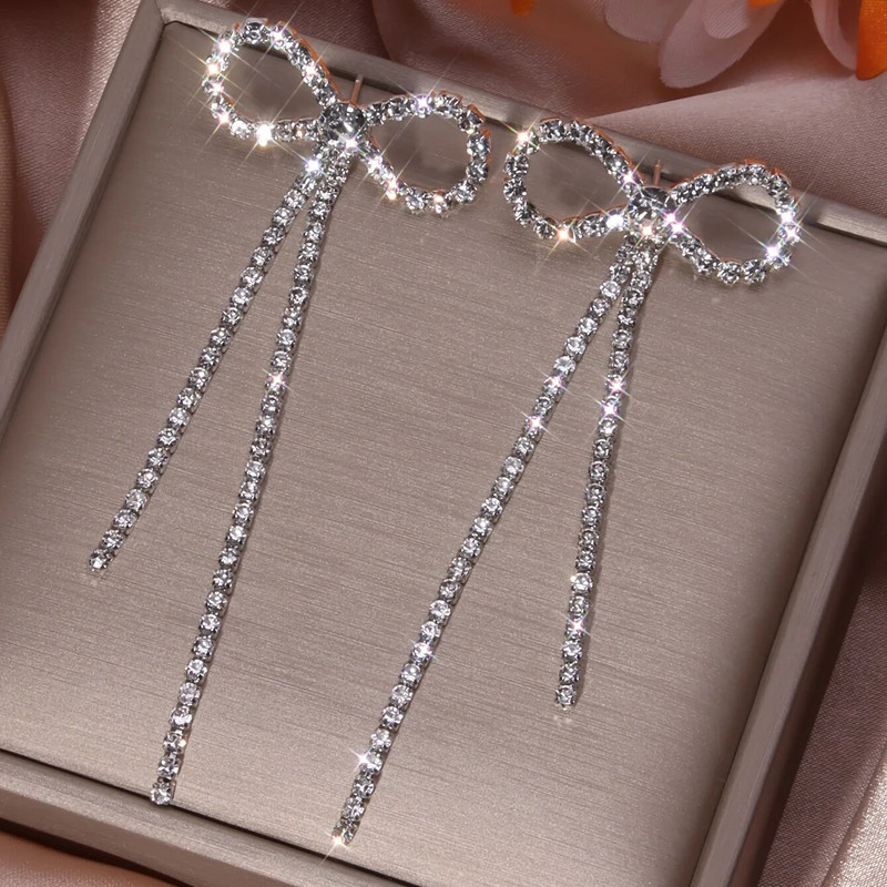 Κορεάτικη μόδα με παπιγιόν στρας μακριά φούντα σκουλαρίκια για γυναίκες Επιχρυσωμένο αυτί Γαμήλιο πάρτι δώρο επετείου Κοσμήματα Mujer