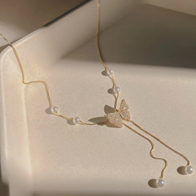 Jauna spīdīga cirkonija tauriņu kaklarota sievietēm Delikāta pērļu pušķis atslēgas kaula ķēde kāzu ballīšu ballīšu dāvanu rotaslietas