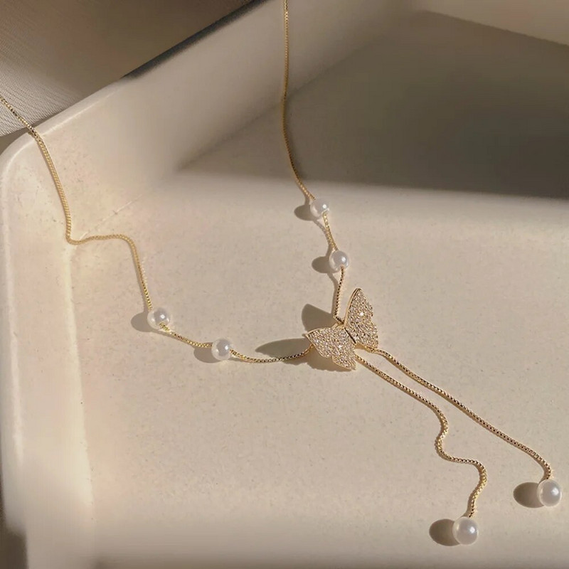 Jauna spīdīga cirkonija tauriņu kaklarota sievietēm Delikāta pērļu pušķis atslēgas kaula ķēde kāzu ballīšu ballīšu dāvanu rotaslietas