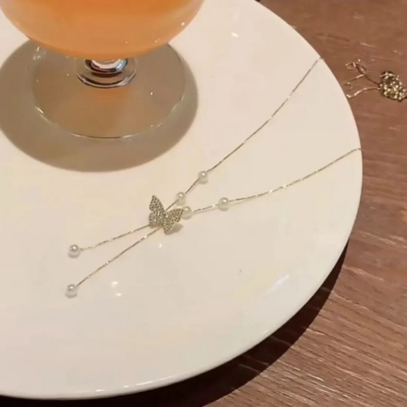 Jauna spīdīga cirkonija tauriņu kaklarota sievietēm Delikāta pērļu pušķis atslēgas kaula ķēde kāzu ballīšu ballīšu dāvanu rotaslietas