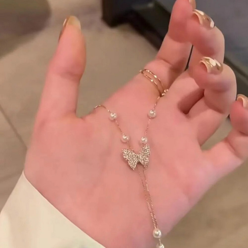 Jauna spīdīga cirkonija tauriņu kaklarota sievietēm Delikāta pērļu pušķis atslēgas kaula ķēde kāzu ballīšu ballīšu dāvanu rotaslietas