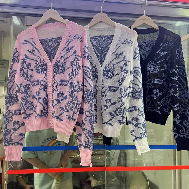 Pavasara rudens ziedu žakarda džemperis Sieviešu jaka ar V veida kakla izgriezumu garām piedurknēm gadījuma elegants trikotāžas jakas Kašmira skrejceļa virsdrēbes I996