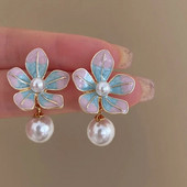 Jauns korejiešu modes izsmalcināts rozā zils emaljas ziedi pērles auskari sievietēm Retro eļļas gleznas stila kulonu auskari dāvanas