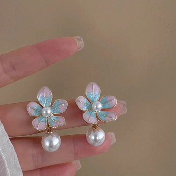 Νέα κορεατική μόδα Εκλεκτά ροζ μπλε σμάλτα λουλούδια μαργαριτάρια σκουλαρίκια για γυναίκες Δώρα κρεμαστά σκουλαρίκια σε στυλ ελαιογραφίας