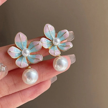 Νέα κορεατική μόδα Εκλεκτά ροζ μπλε σμάλτα λουλούδια μαργαριτάρια σκουλαρίκια για γυναίκες Δώρα κρεμαστά σκουλαρίκια σε στυλ ελαιογραφίας