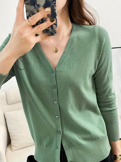 Rudens sieviešu jakas ar vienrindu trikotāžas trikotāžas izstrādājumi ar V veida kakla izgriezumu, vienkrāsains trikotāžas džemperis, tievs sieviešu balts jakas Ikdienas virsdrēbes mēteļi