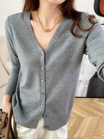 Rudens sieviešu jakas ar vienrindu trikotāžas trikotāžas izstrādājumi ar V veida kakla izgriezumu, vienkrāsains trikotāžas džemperis, tievs sieviešu balts jakas Ikdienas virsdrēbes mēteļi