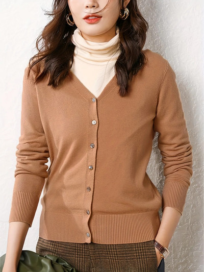 Rudens sieviešu jakas ar vienrindu trikotāžas trikotāžas izstrādājumi ar V veida kakla izgriezumu, vienkrāsains trikotāžas džemperis, tievs sieviešu balts jakas Ikdienas virsdrēbes mēteļi