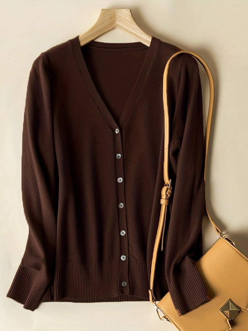 Rudens sieviešu jakas ar vienrindu trikotāžas trikotāžas izstrādājumi ar V veida kakla izgriezumu, vienkrāsains trikotāžas džemperis, tievs sieviešu balts jakas Ikdienas virsdrēbes mēteļi