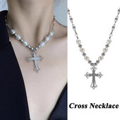 Izsmalcināta Rhinestone Cross Pendant Kaklarota Punk Unisex Pērļu Kaklarotas Hip Hop Choker Clavicle Chain Party Rotaslietas Draugam Dāvanas