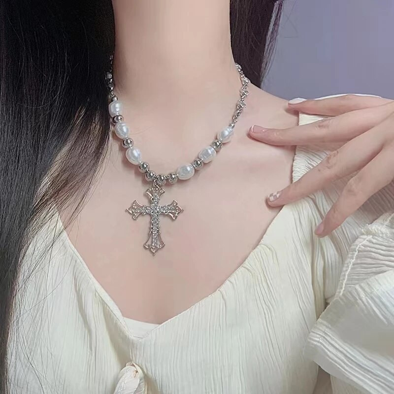 Izsmalcināta Rhinestone Cross Pendant Kaklarota Punk Unisex Pērļu Kaklarotas Hip Hop Choker Clavicle Chain Party Rotaslietas Draugam Dāvanas