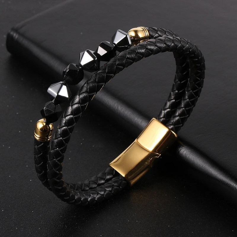 Vīriešu sejas Dabīgais akmens Ahāts Pērlītes Rokassprādzes Slāņi Īstas ādas aukla Nerūsējošā tērauda aizdare Aproce Brazalete Hombre